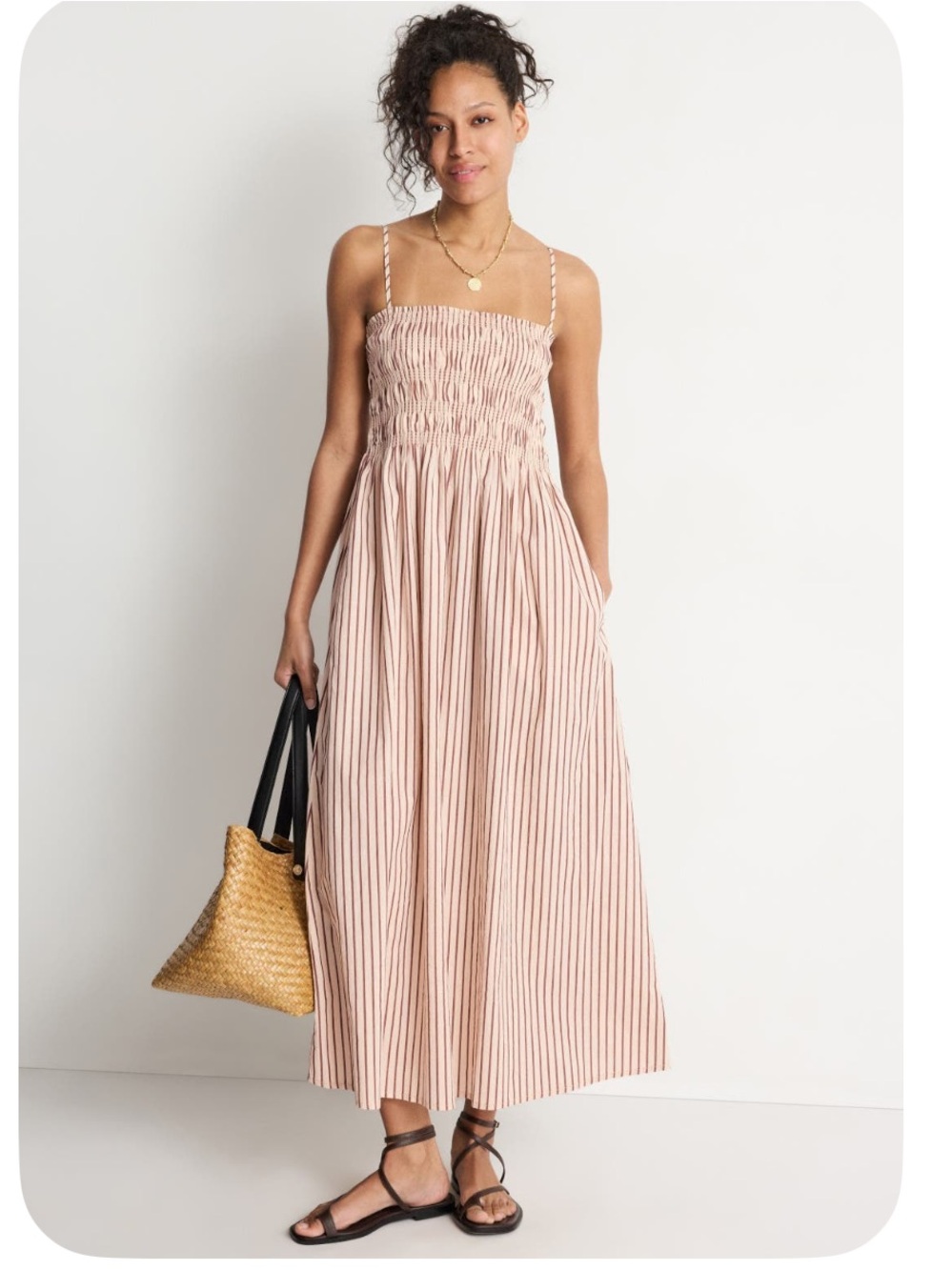 EUC Pistola size medium Smocked striped Maxi Dress - Blush Pink and brown